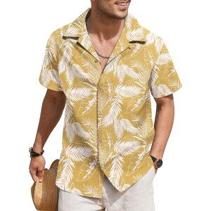 Men's Hawaiian Cotton Linen Button Down Tropical Holiday Beach Shirts